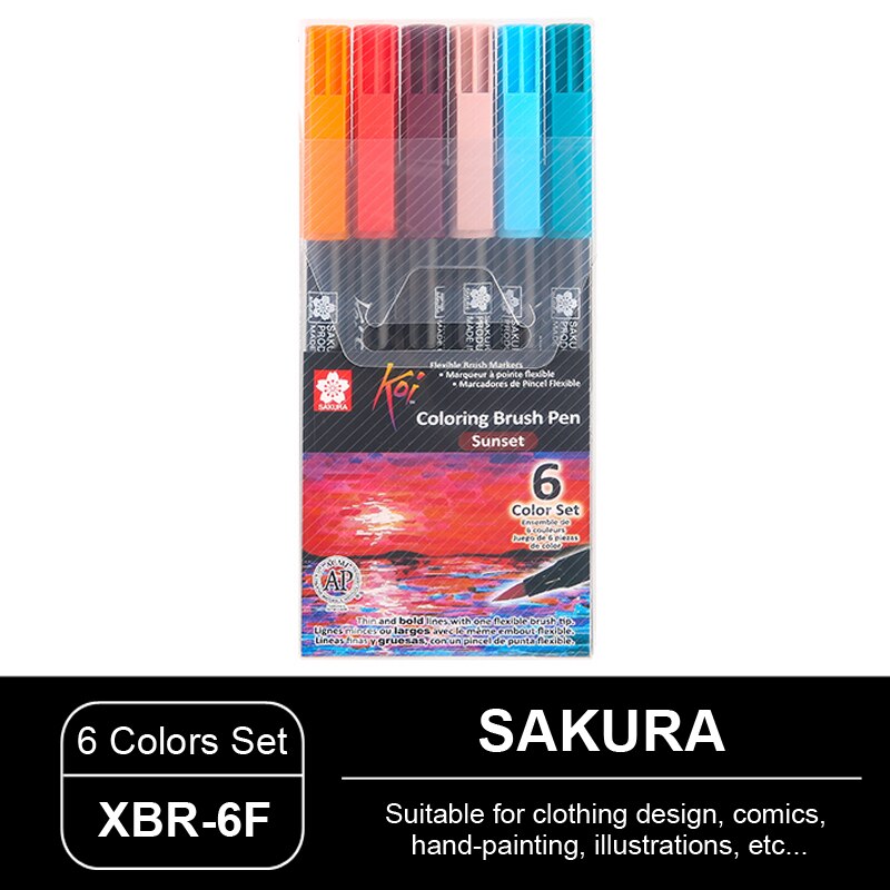 Juego de plumas de acuarela para colorear, pluma de cabeza suave de SAKURA de Japón, XBR, ilustración de cómic pintada a mano, secado rápido sin olor: XBR-6F