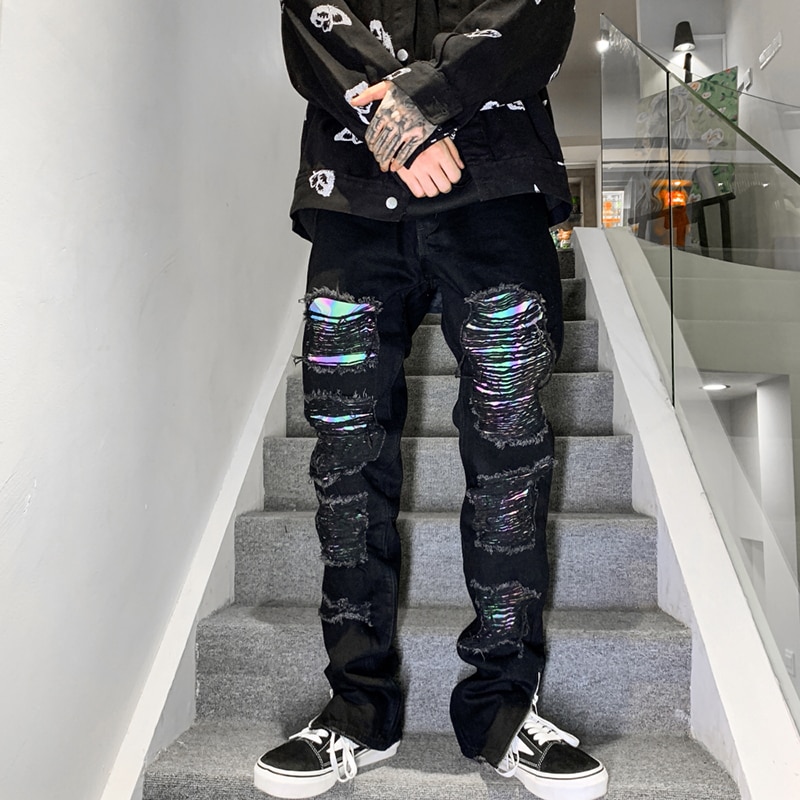 Pantalones vaqueros reflectantes Harajuku 3M para hombre, Vaqueros desteñidos con agujeros, ropa de calle Retro de talla grande, vaqueros con cremallera en el tobillo, pantalones luminosos informales