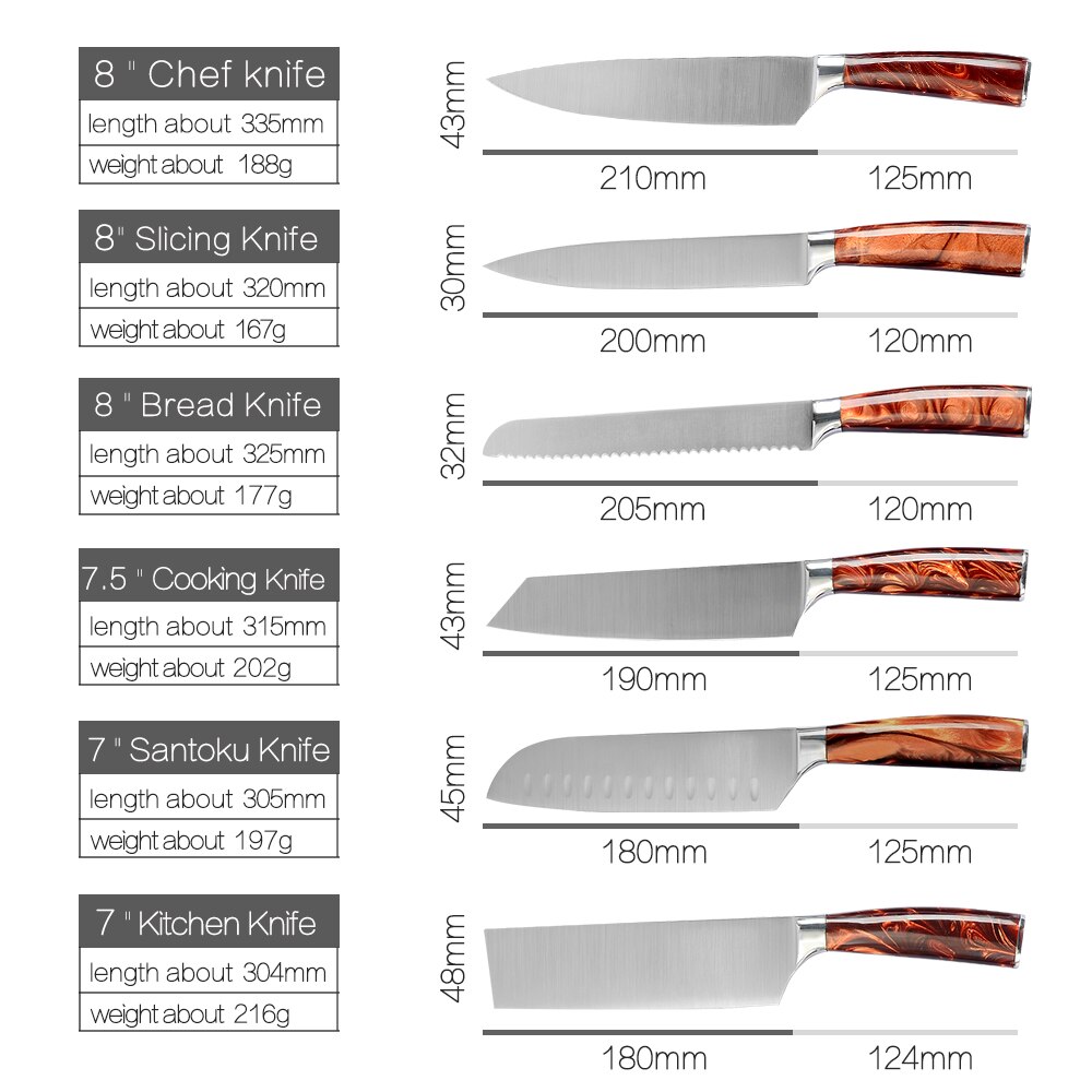 XYj Stainless Steel Kitchen Tool Set 8'' Chef Bread Slicing 7'' Chopping Santoku Knifes 5'' Utility Santoku 3.5'' Paring Slicer
