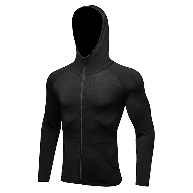 Winter Hooded Compression Sports Jacket Men Shirt Zipper Gym Clothing Men Sportswear Gym Fitness Black Running Jacket: black / XXL