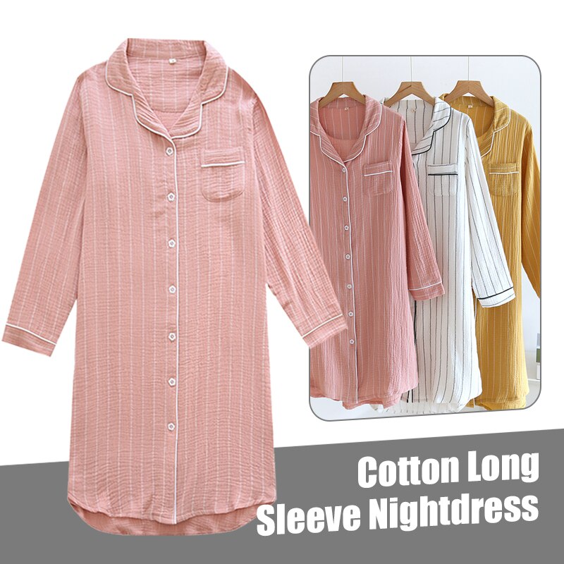 Lente Zomer Lady Katoen Nachthemden Nachthemden Vrouwen Eenvoudige Nachtkleding Crêpe Gestreepte Thuis Pyjama Plus Size Sleepdress