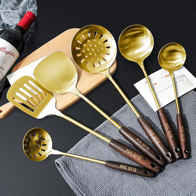6 PCS Cooking Utensils Golden Stainless Steel Kitchenware Set With Wooden Handle Household Kitchen Cookware Sets Pot Accessories