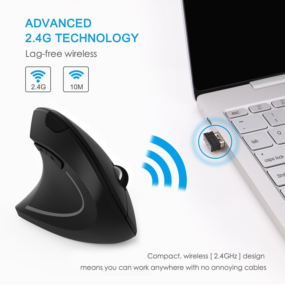 Left Hand Vertical Wireless Mouse 2.4GHz Ergonomic 800-1200-1600 DPI Adjustable Optical Six Buttons For Laptop PC