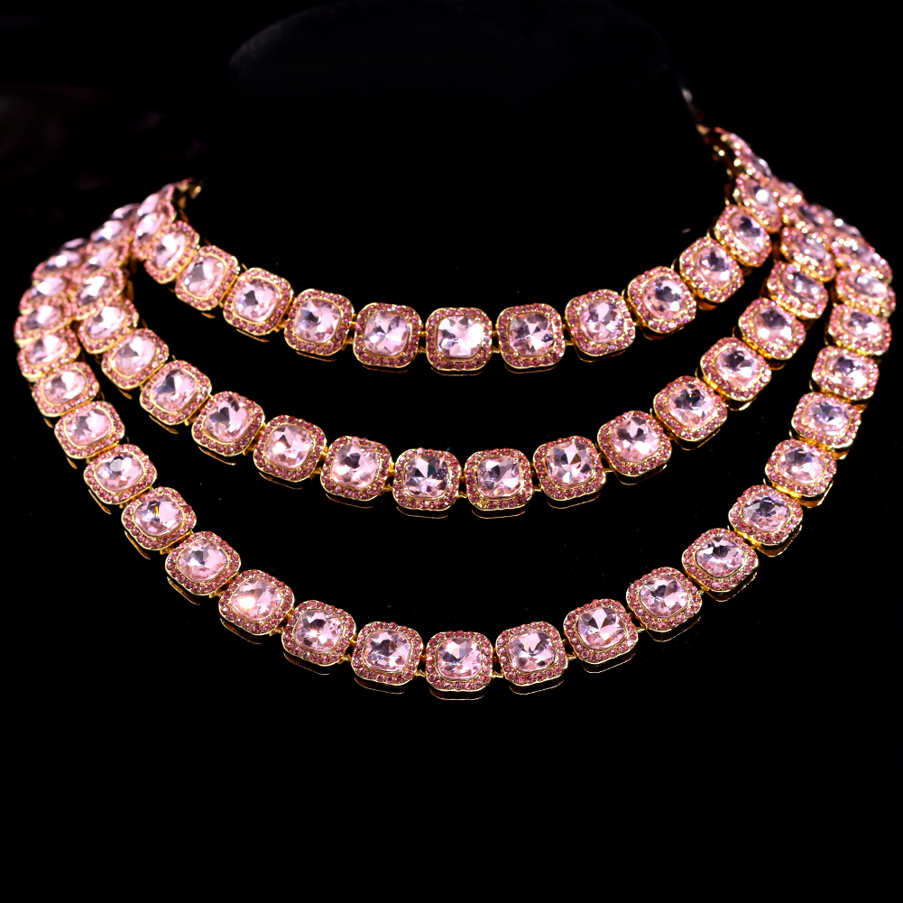 Women Bling Bling Pink Square Crystal Link Chain Necklace Hip Hop Gold Silver Color 13mm Luxury Cuban Choker Necklace Jewelry