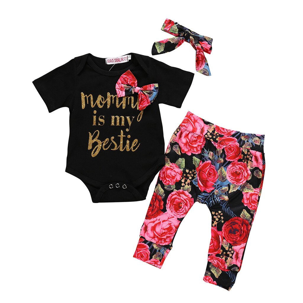 3Pcs Kid Peuter Baby Meisje Brief Romper + Print Broek + Haarband Outfits Set Zomer Pasgeboren Meisje Kleding sets Met Hoofddeksels: Black / 100