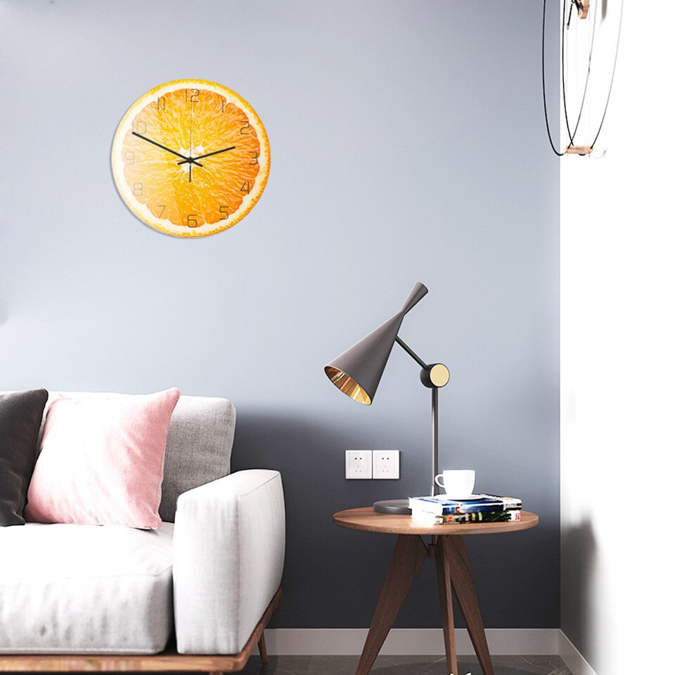 Horloge murale Orange moderne | Montre silencieuse, acrylique, chambre à coucher, salon, horloge de fruits, décor de maison, lasser bairam