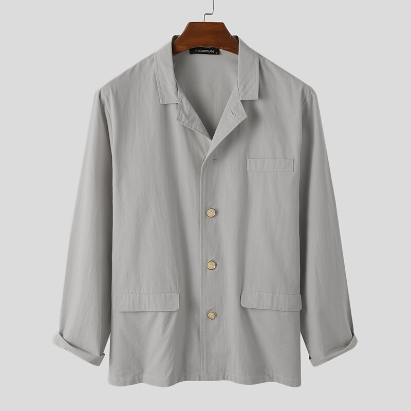 Incerun Mannen Casual Blazers Katoen Vlakte Streetwear Revers Bovenkleding Enkele Breasted Lange Mouwen Chic Mannen Leisure Suits 5XL: Light Grey / 4XL