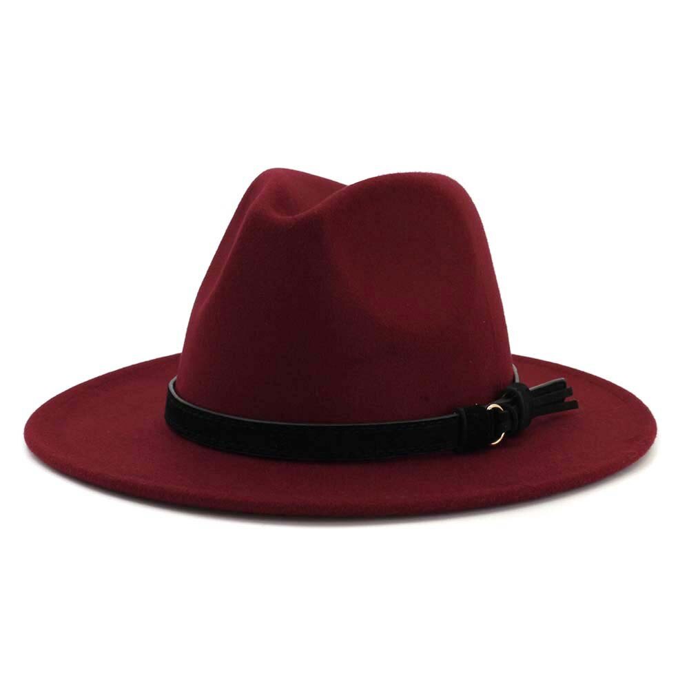 Vintage sommar bred brätte fedorahatt kvinnor lädersnöre imitation ylle jazzhatt keps chapeau för resor: 7