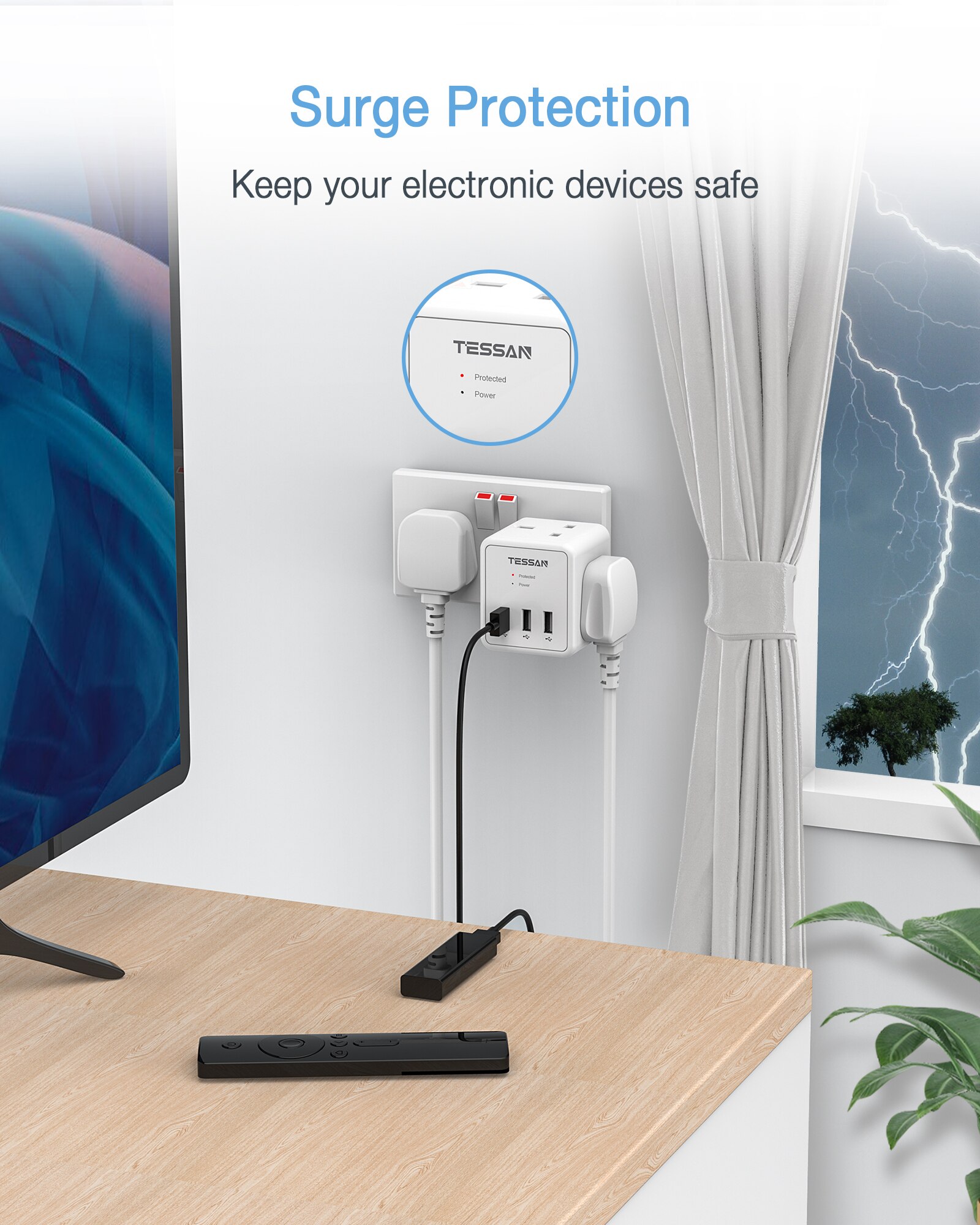 UK Power Strip with 3 USB Charging Ports and 2 Outlets Multi Sockets Wall Charger Electrical Plug 100-250V Adapter for Home