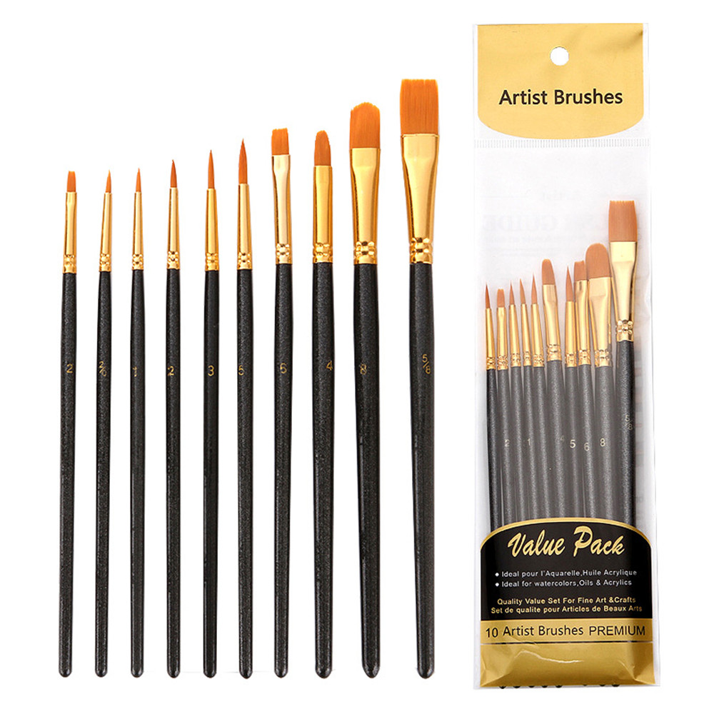 6/10Pcs/set Nylon Hair Blue Wooden Handle Oil Brush Student Watercolor Painting Pen Drawing Art Tool Home DIY Accessory: Black