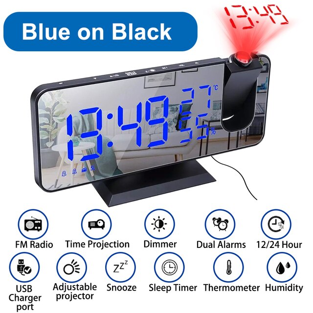 180° LED Projection Digital Alarm Clock for Bedroom Ceiling with USB Phone Charging Dimmer DST Snooze Function for Heavy Sleeper: Blue on Black