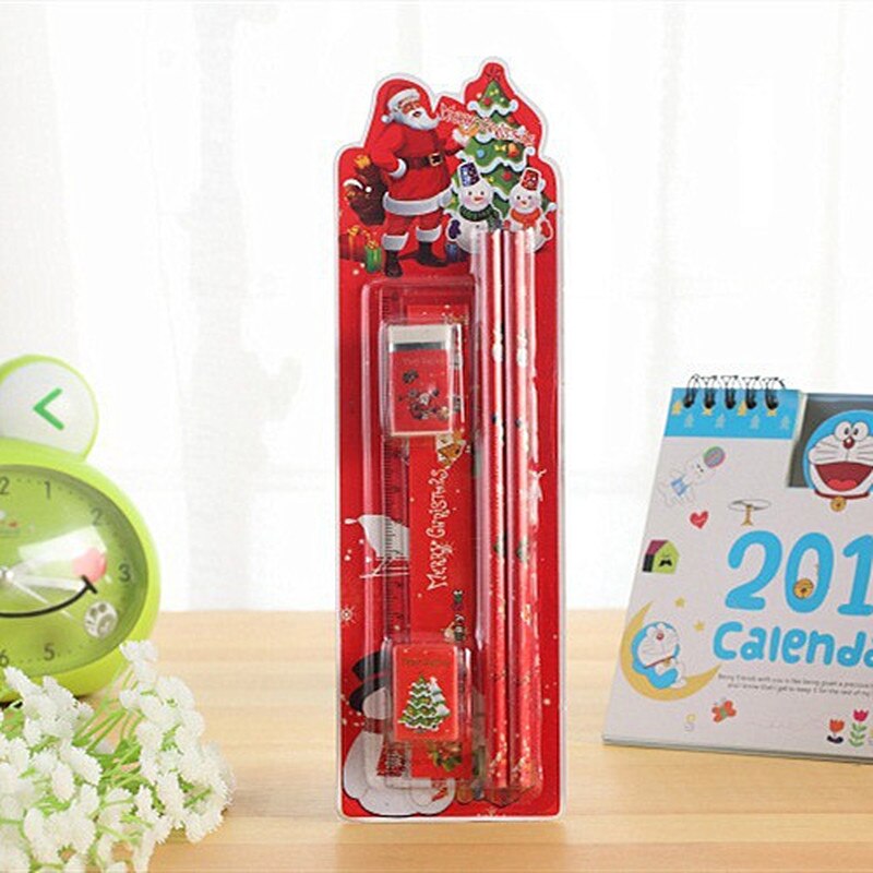 5pcs/set Christmas Series Kids Stationery Students Ruler Pencil Eraser Pencil Sharpener Kit School Rewards Supplies