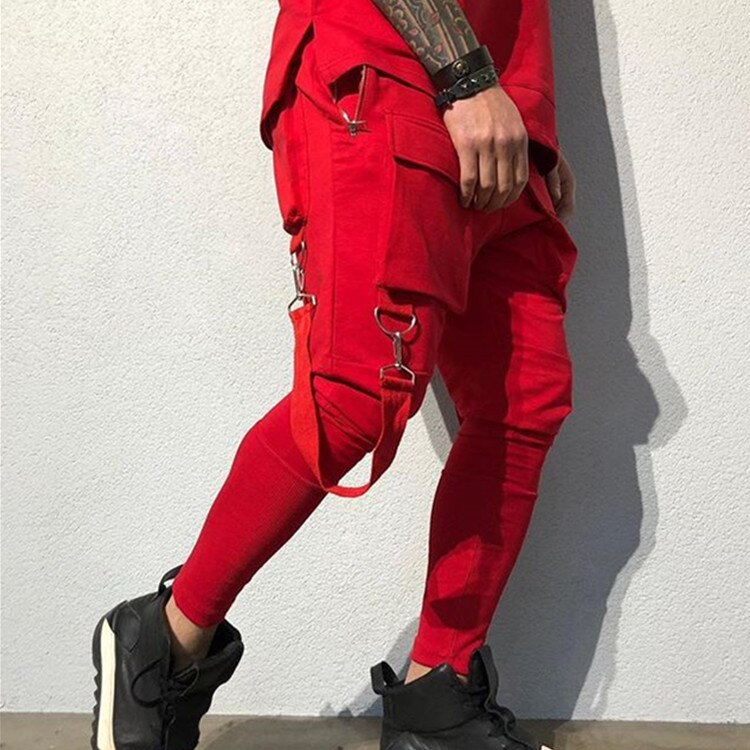 Fitness vår och höst sport casual hiphop byxor fram och bak tredimensionella herrbyxor med flera fickor: M / Röd