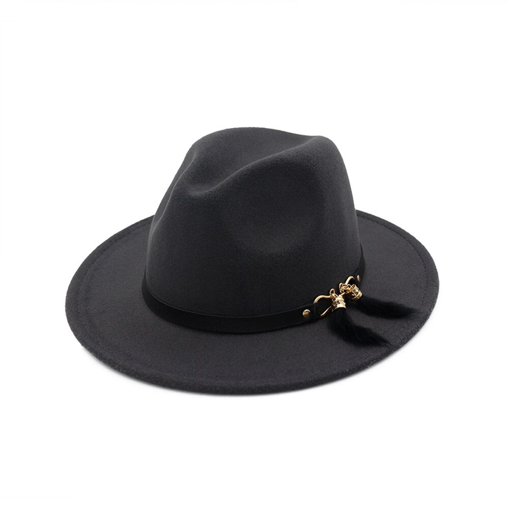 HanXi Winter Women Hat Wool Fedoras Felt Hat Lady Classical Flat Brim Cap PU Leather Band Metal Buckle
