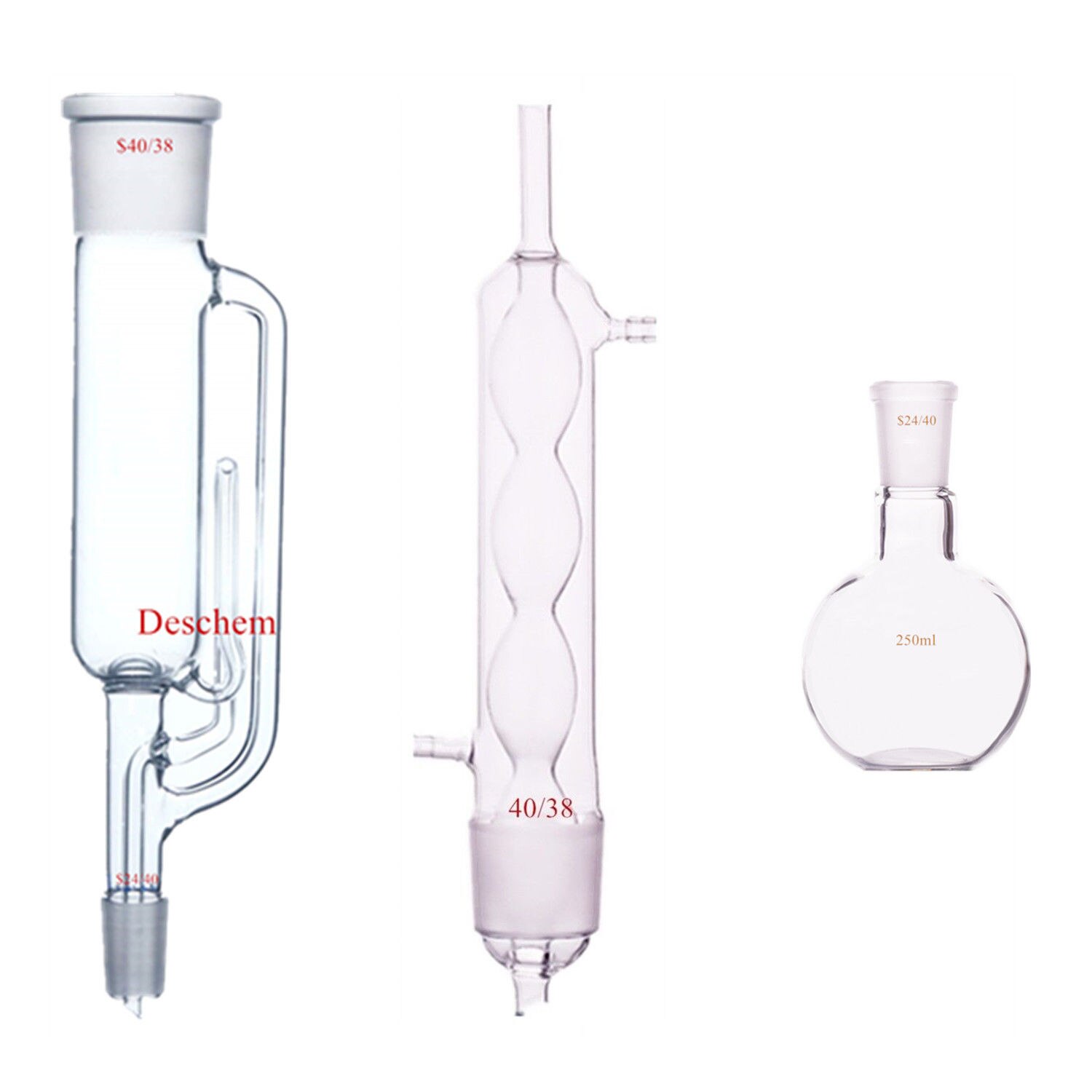 250 ml, 24/40, extracción de Soxhlet de laboratorio, condensador de Allihn, un matraz de fondo plano