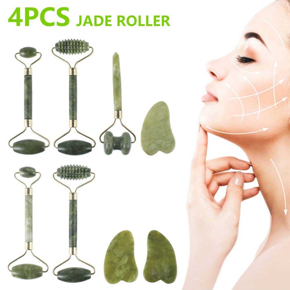4 Stks/set Jade Roller Ogen Facial Body Massage Elimineren Wallen Rimpels Huid Geribbelde Schrapen Rimpels Roller Gua Sha Gereedschap