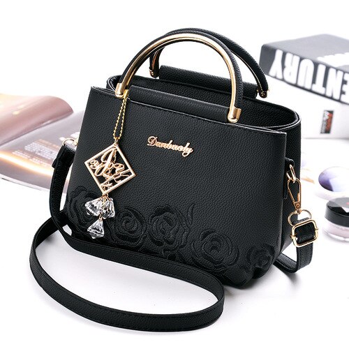 Vrouwen Kleine Tas Vrouwelijke EmbroideryPU Lederen Tas Mode Bloem Schoudertas vrouwen Handtas: black