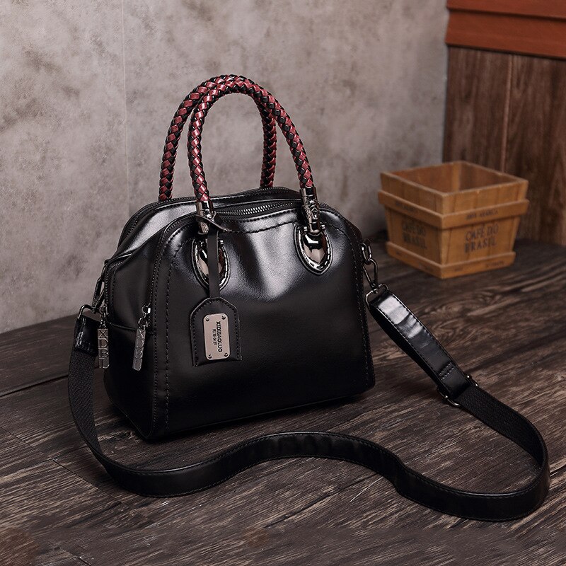 Olie Wax Lederen Hit Kleur Handtas Vrouwen Grote Capaciteit Retro Schouder Crossbody Tas Mode Vrouwelijke Tas Luxe: Black