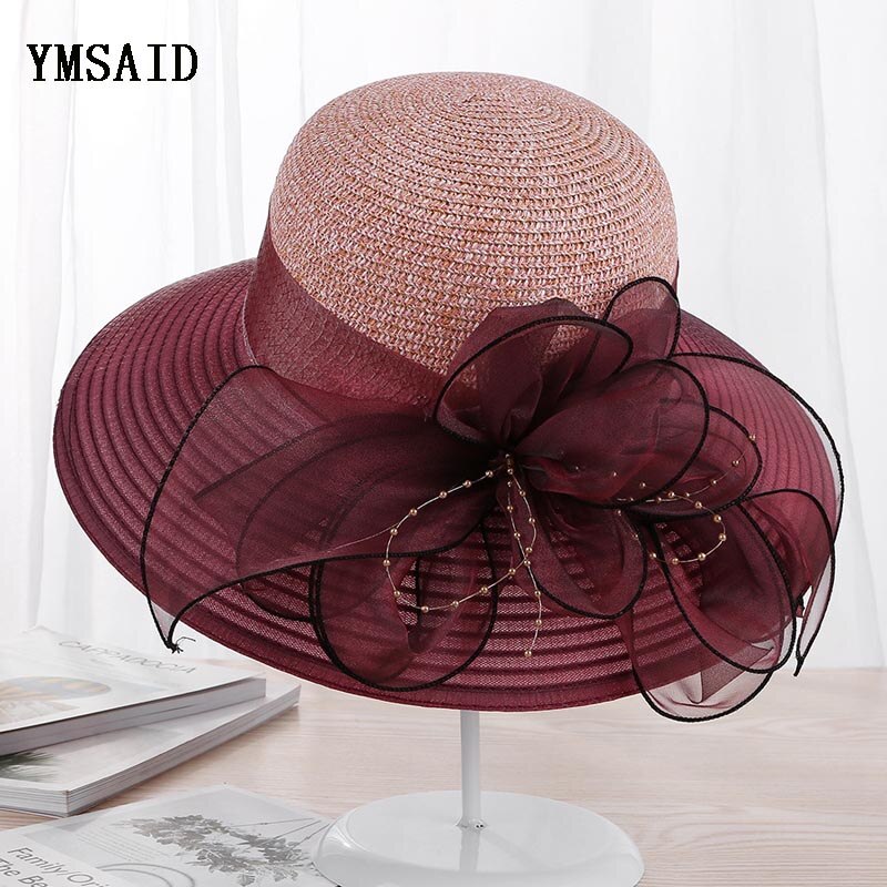 Ymsaidhigh Guality Elegante Vrouwen Kerk Hoeden Voor Zomer Mode Grote Bloem Zonnehoed Brede Rand Strand Casual Strand Chapeu Feminino: Wine red