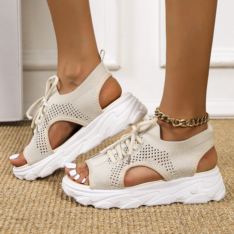 2022 Zomer Vrouwen Sandalen Mesh Casual Schoenen Wit Dikke Zolen Lace-Up Sandalias Open Teen Strand Schoenen Voor vrouwen Zapatos Mujer