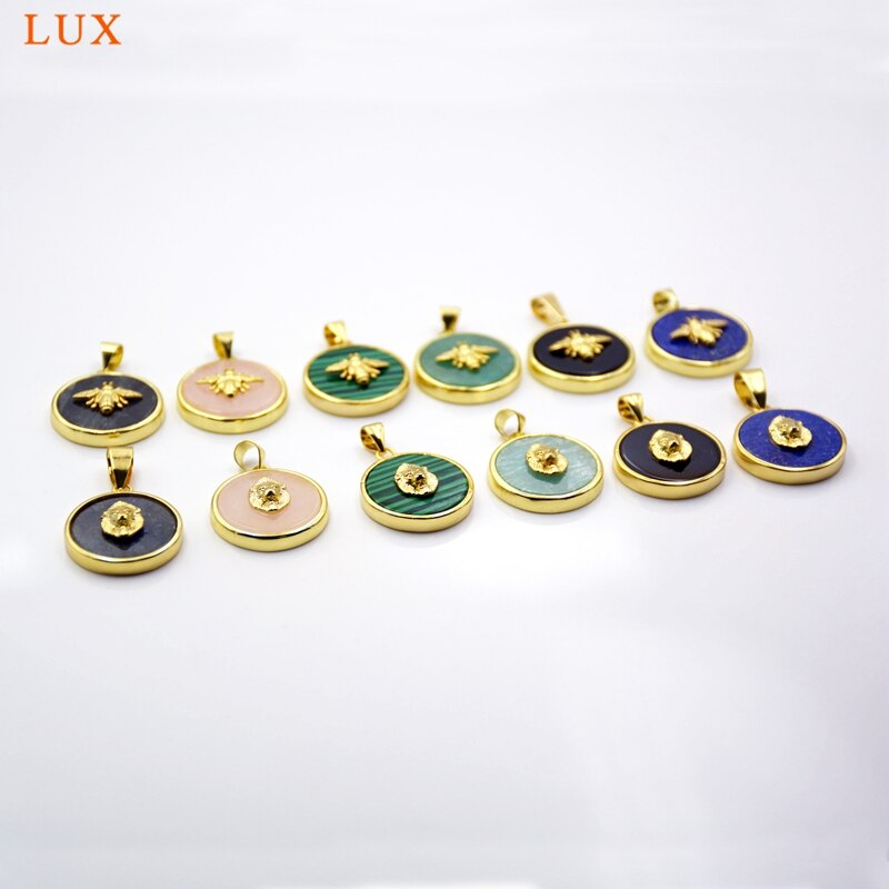 Bee Lion Round Gems stone Pendants Gold-Plated amethysts Rose Quartzs Lapis Amazonite Black Onyx Agates Coin Charms For Jewelry