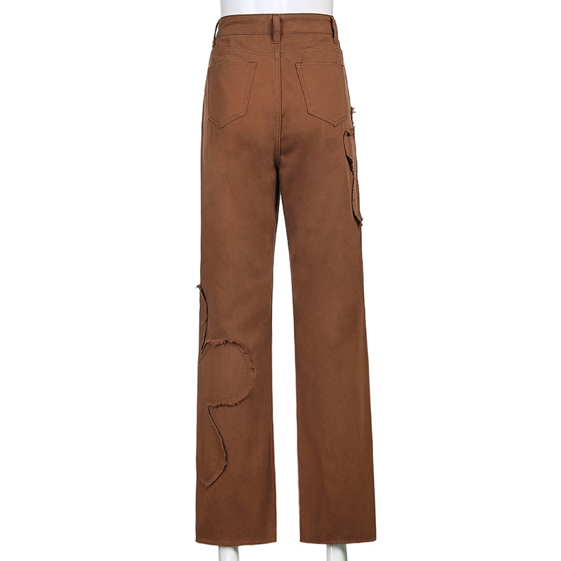 Rapcopter Brown Floral Jeans Y2K Retro Denim Pants Baggy Straight Cargo Pants Women Popular Trousers 90S Harajuku Joggers