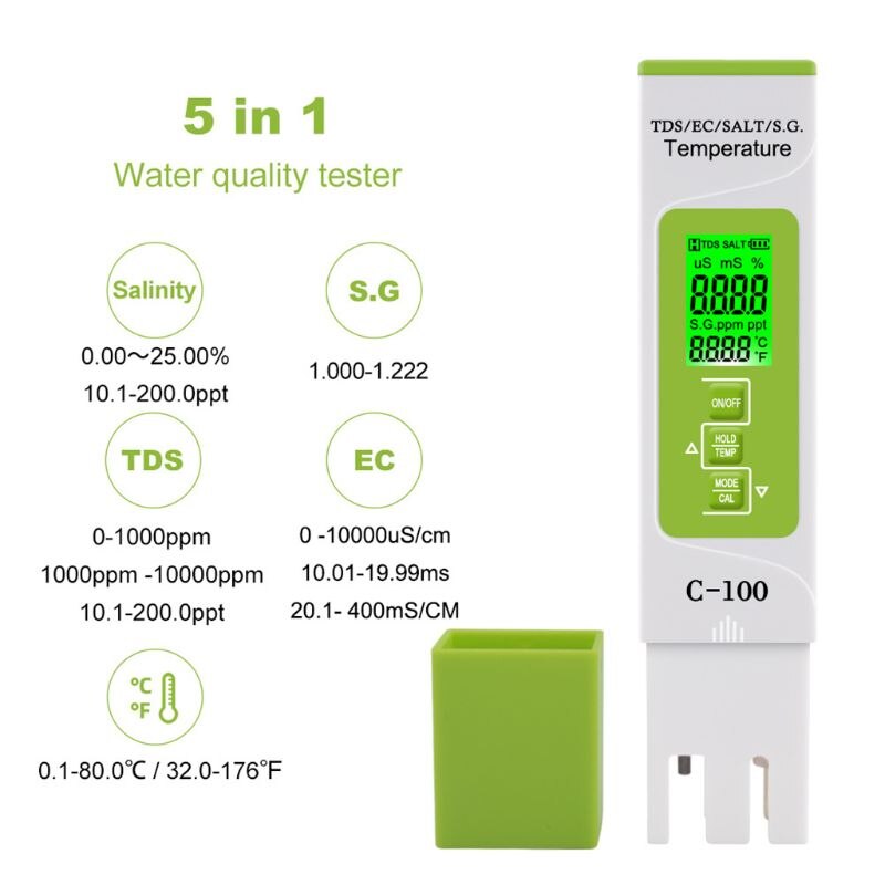 5 in 1 vanntester tds / ec / saltholdighet / sg / temperaturmåler for hjemmet, basseng