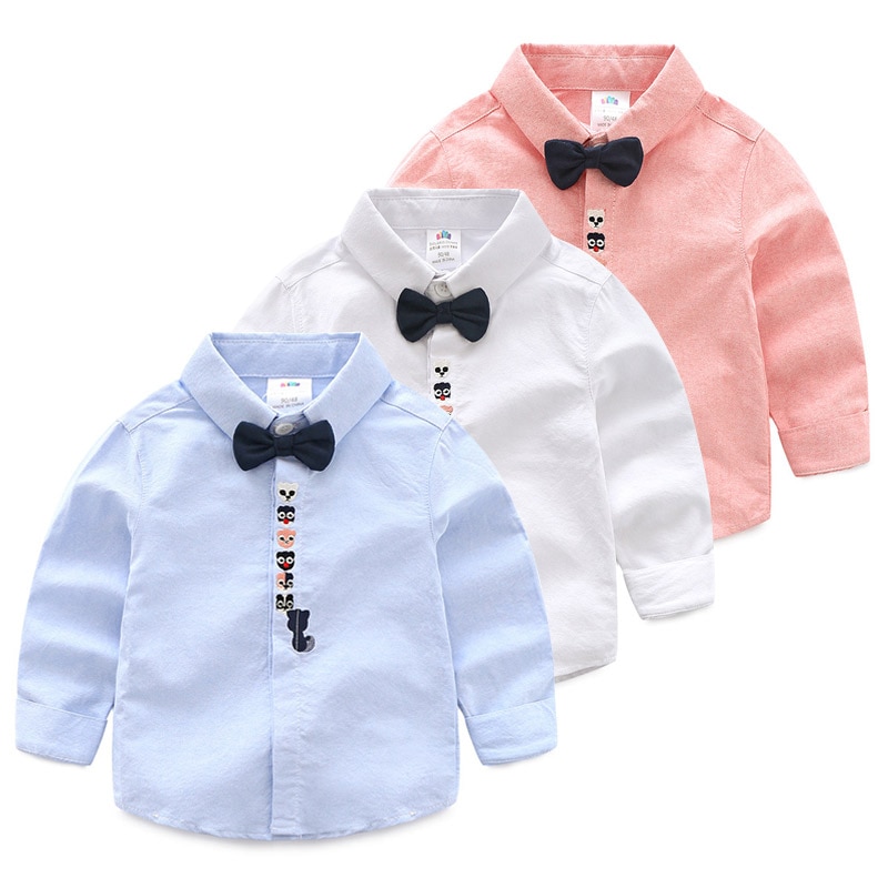 Spring Autumn 2 3 4 5 6 8 10 Years Children White Cotton Long Sleeve Turn-Down Collar Bow Handsome Shirt For Kids Baby Boys