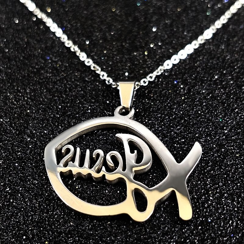 Stainless Steel Jesus Necklaces Fish Christian Christianity Ichthys Fish Pendant Necklaces Jewelry Women or Men collares N17168B