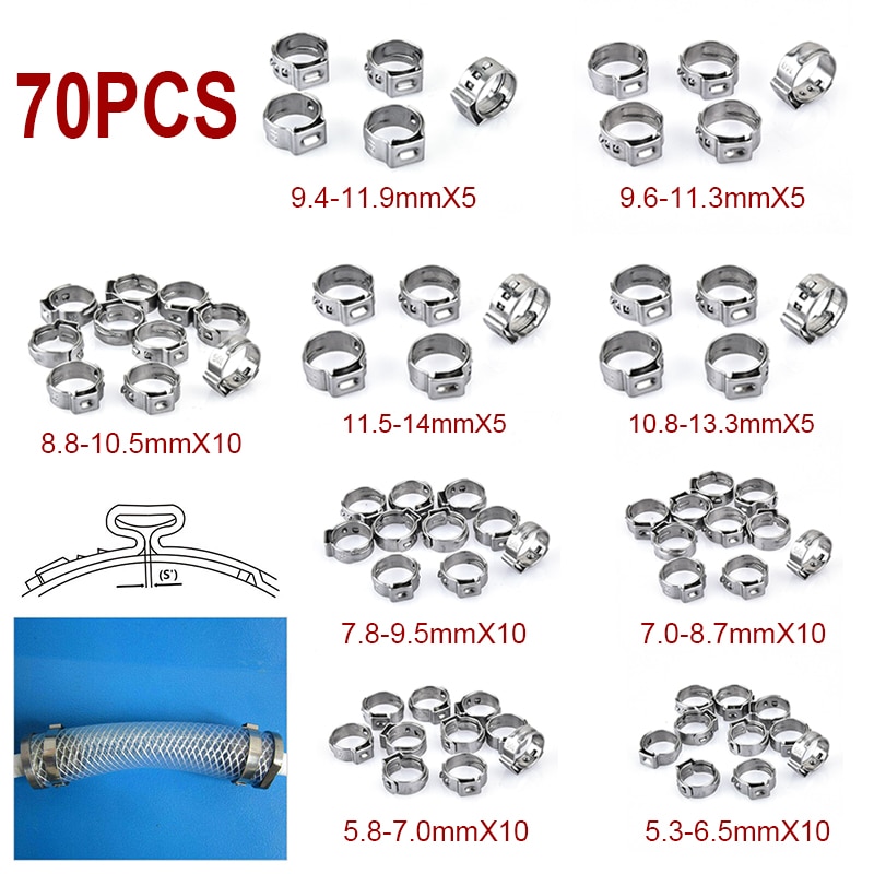 70Pcs Single Ear Traploze Slangklemmen 5.3-14.0Mm 304 Rvs Slangklemmen Cinch Clamp Ringen Voor afdichting Soorten Slang