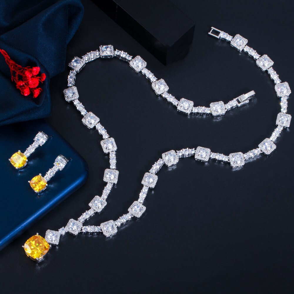 CWWZircons WunderschöNe Platz Tropfen Gelb kubisch Zirkon Partei Halskette Jewlery einstellen für Frauen Hochzeit Braut Kostüm Zubehör T504