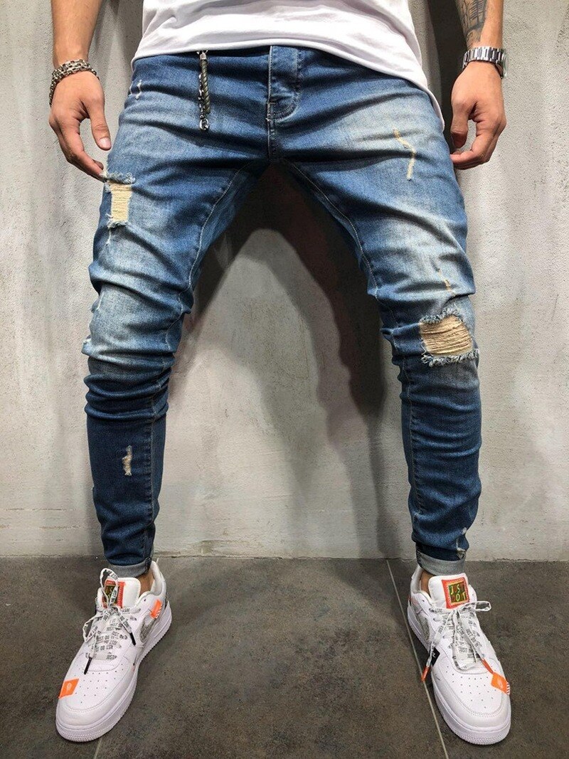 Pantalones vaqueros ajustados Punk para hombre, Jeans ajustados de pitillo, Jeans de talla grande para hombre, Jeans rasgados con agujeros para Patchwork, ropa de calle