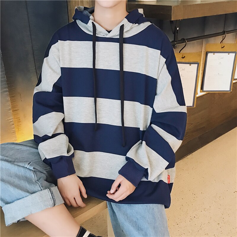 Spring And Autumn Youth Trend Japanese Wild College Wind Boys Leisure Loose Color Hooded Striped