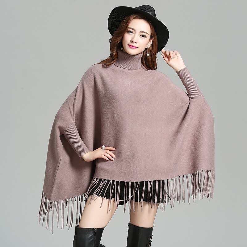 Stil vinter løs sweater sjal rullekrave lange kvaster strikket flagermusærmer sweater