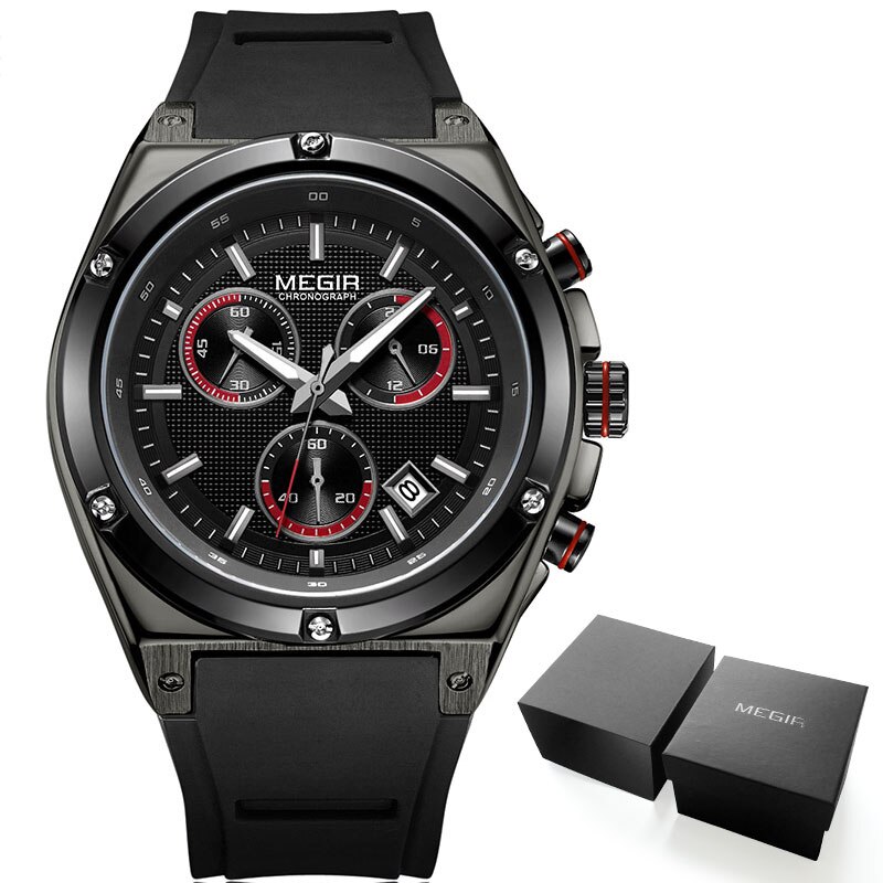 Megir Mannen Zwarte Siliconen Sport Quartz Horloges Lichtgevende Relojios Relojes Waterdicht Chronograaf Klok Montres Q2073G-BK-1: MN2073G-Black