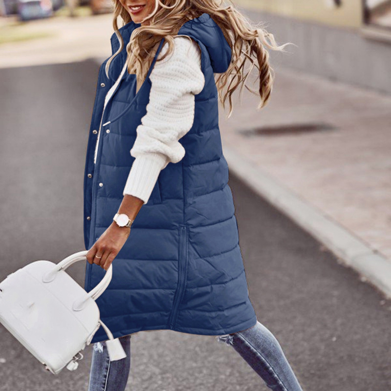 Winter Women's Long Quilted Jacket With Hood Outdoor Sleeveless Down Vest Winter Warm Quilted Coat With Pockets Thermal Parka: XL / Ivory
