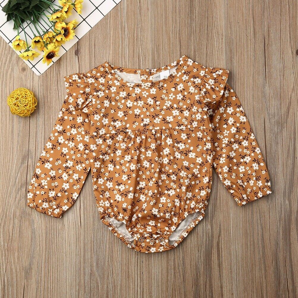 0-24M Newborn Baby Girls Boys Bodysuits Long Sleeve Ruffle Flowers Print Jumpsuit Outfit Autumn Clothes