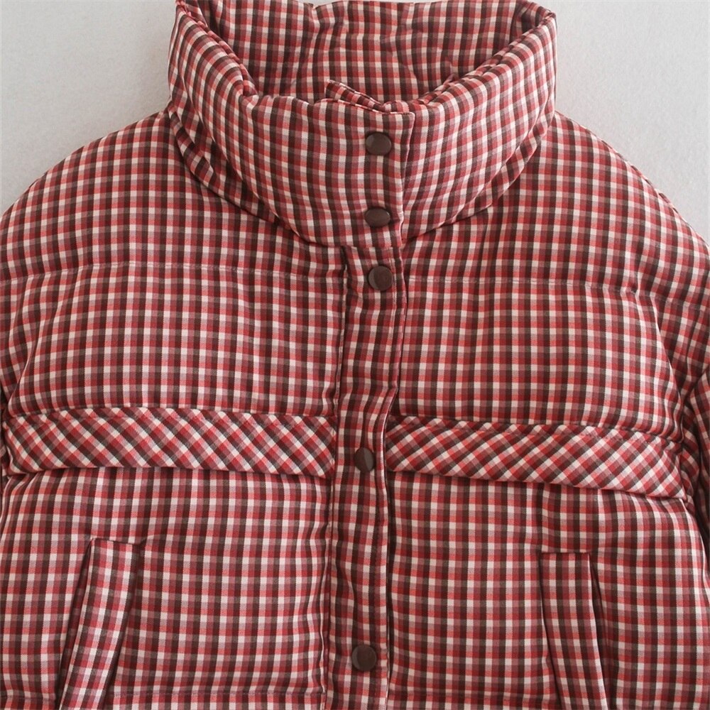 automne et hiver doudoune nouvelle plaid impression décontracté ample col montant rouge plaid court doudoune