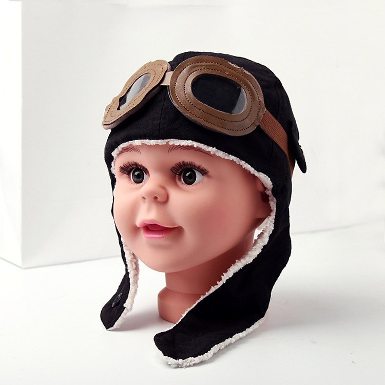 Höst vinter barn pilot hatt skydda öron mössa glasögon hattar för 3 månader  to 5 år gammal baby barn huvud tillbehör: Svart