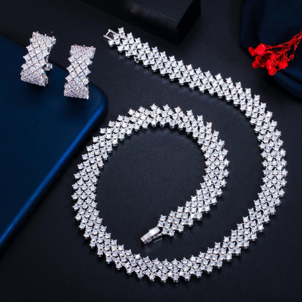 CWWZircons – ensemble de bijoux pour femme, magnifique collier et boucles d&#39;oreilles en zircon cubique, couleur or Rose, T490, 5 couches