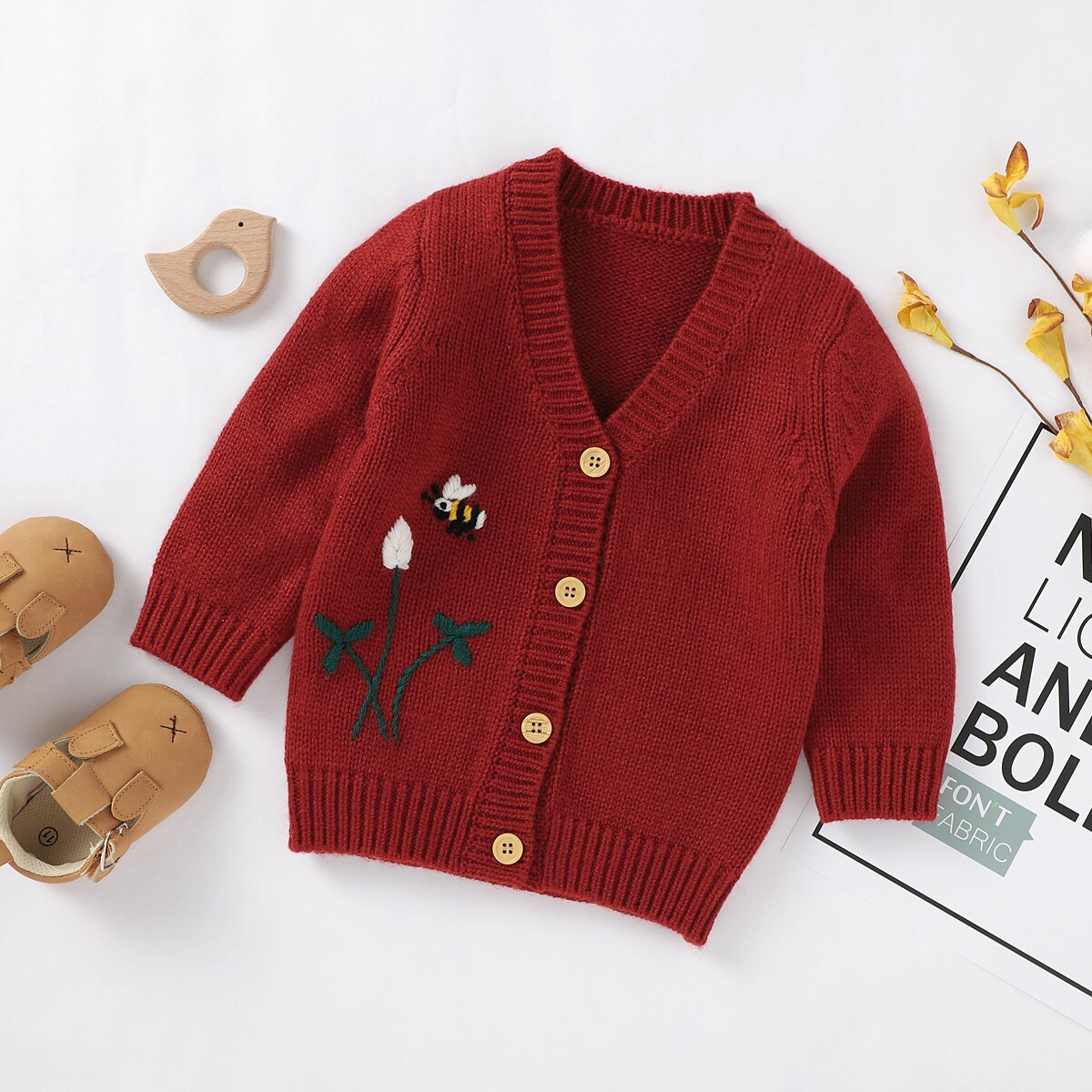 Efterår vinter børn baby sweatere leopard broderi strik frakke spædbarn baby pige dreng v-hals knapper sweatere cardigans overtøj: Rød / 18m