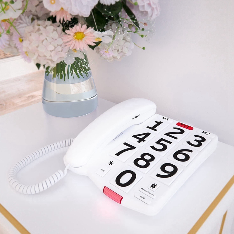 Teléfono fijo con letras grandes, teléfono de escritorio con cable con auricular, una tecla para ayudar, volumen súper fuerte para los ancianos