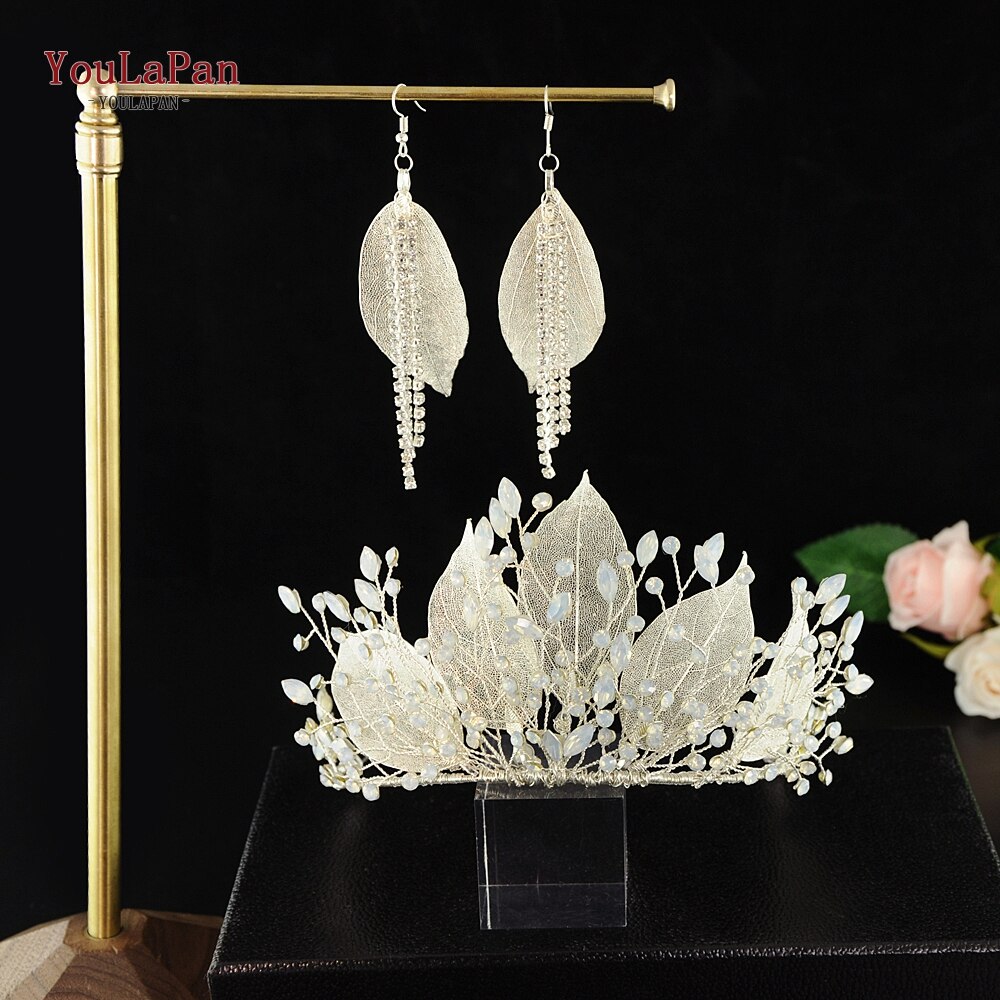 TOPQUEEN-corona de dos colores para boda, diademas de hojas hermosas, banda para el pelo de para mujer, accesorios de novia elegantes simples: S-1 crown 1 earring