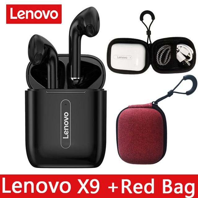 Lenovo X9 True Wireless bluetooth 5.0 Earphone Touch Control Dynamic HIFI Stereo Earbuds Handsfree Sport Headset 300mAh: Black ad Red Bag