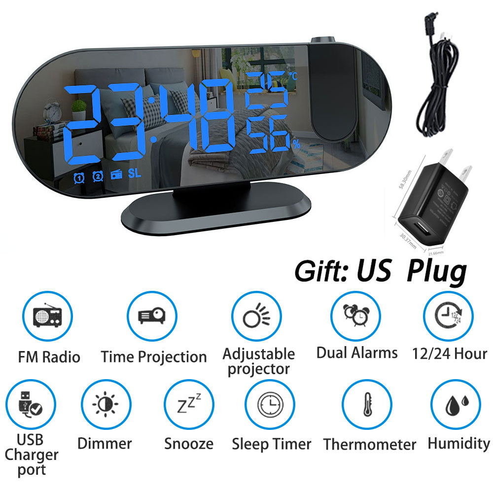 FM Radio LED Digital Smart Alarm Clock Watch Table Electronic Desktop Clocks USB Wake Up Clock with 180° Time Projector Snooze: us plug blue font