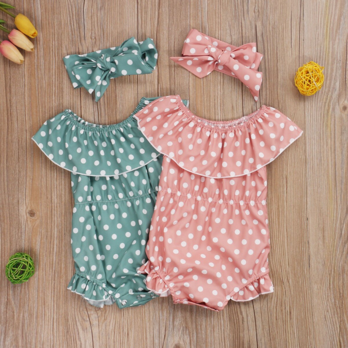 0-24m zomerse schattige babymeisjes-jongens-rompertjes met hoofdband, stippenprint, ruches, mouwen en jumpsuits