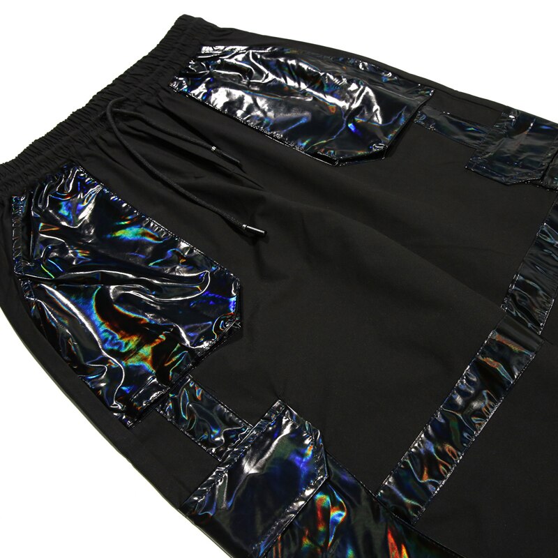 Pantalones negros brillantes charol Cargo bolsillos hombres Streetwear Harajuku pantalones de Harem con cordón ajustable cinta Joggers HipHop pantalones de chándal