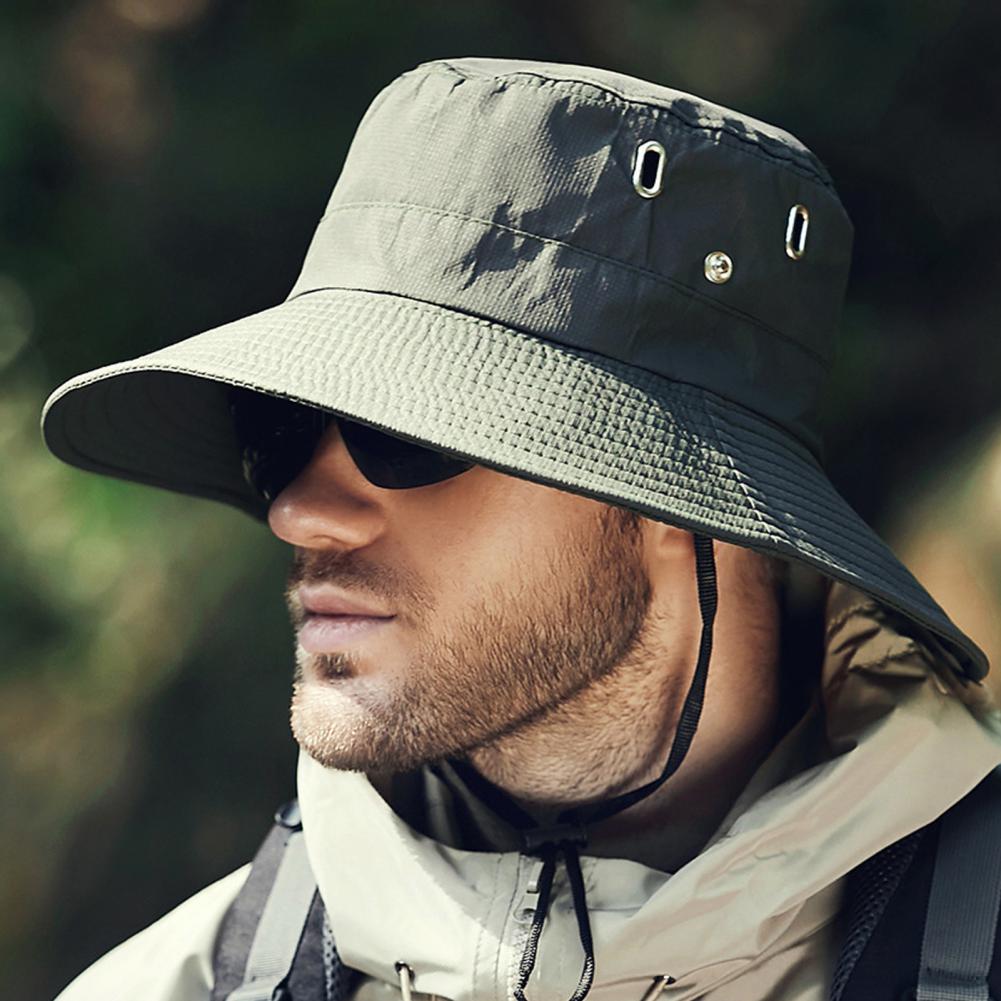 Summer Men Sun Hat Anti UV Sun Windproof Strap Wide Brim Bucket Hat Foldable Portable Travel Cap Fisherman Hat