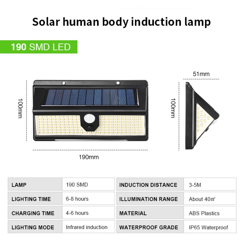 190 Led Solar Lamp Outdoor Pir Motion Sensor Solar Wandlamp Waterdichte Driezijdige Verlichting Emergency Tuin Yard Lampen: Default Title