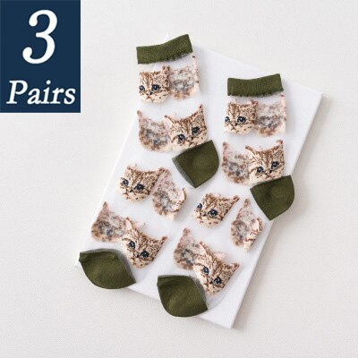 3 par kvinnor och #39 sommar genomskinliga nätstrumpor tecknad söt kattstrumpa bomull glasfilament tunna damstrumpor som andas: 1